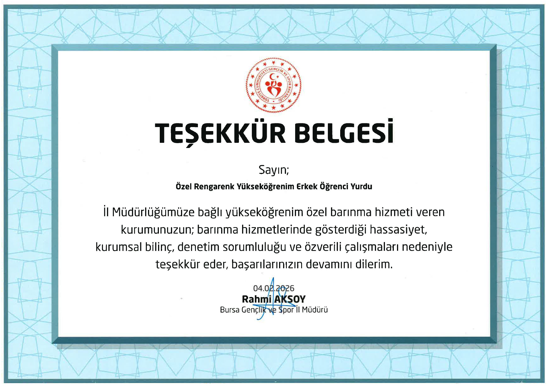 Teşekkür Belgesi